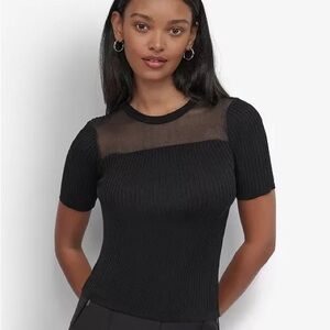 (NWT) DKNY Women’s Petite Mesh-Trim Ribbed Knit Top